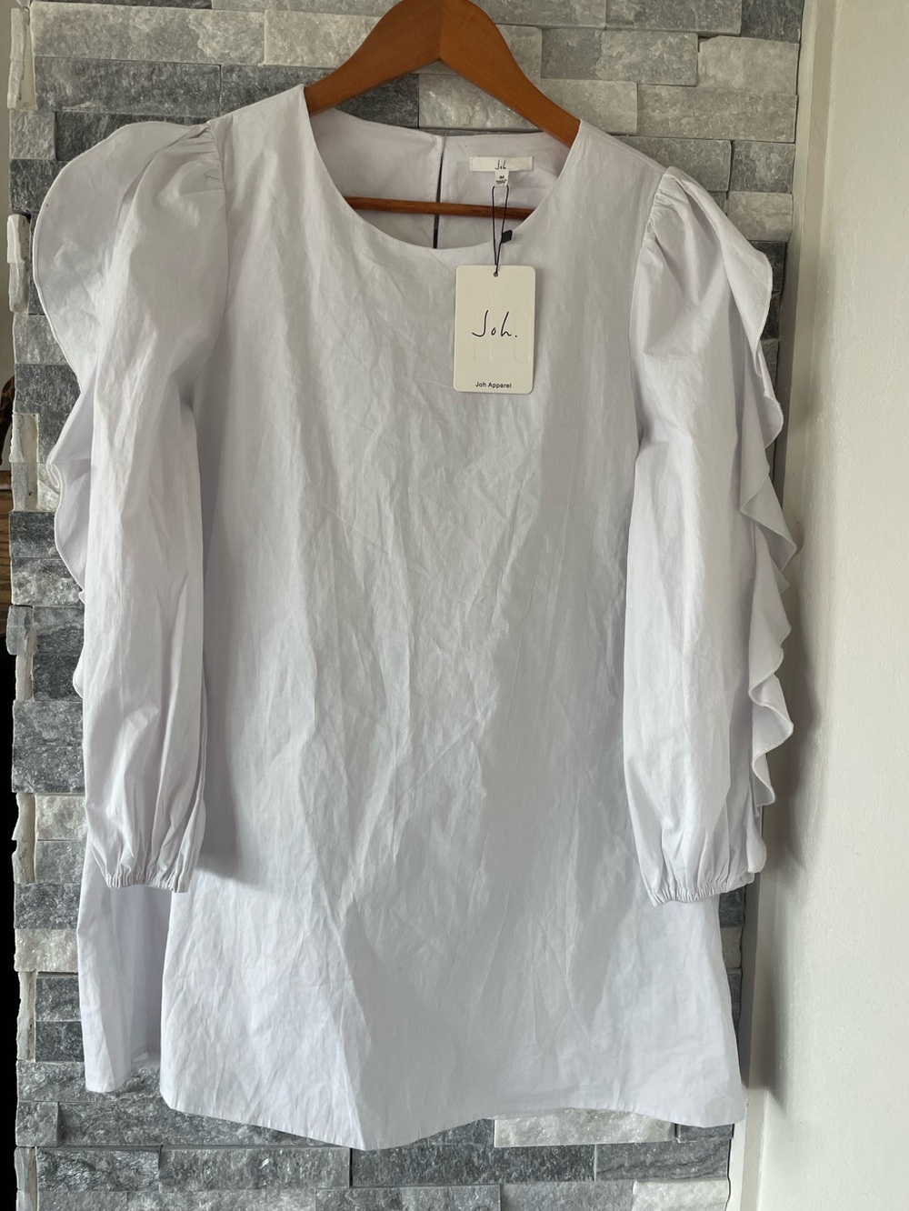 Women’s JOH APPAREL NWT Puff Sleeve Tunic Shirt-Ruffled Sleeves-White-Medium